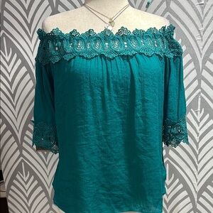 NWOT Teal Off-Shoulder Lace Trim Top